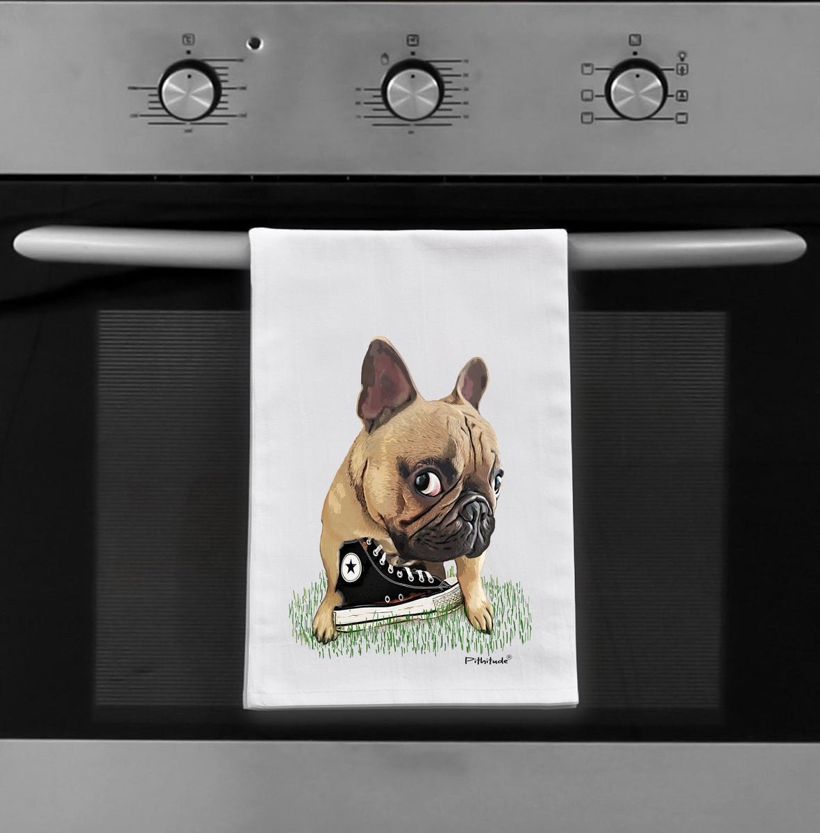 Custom designer kitchen dish towels, Bigfoot, Frenchie