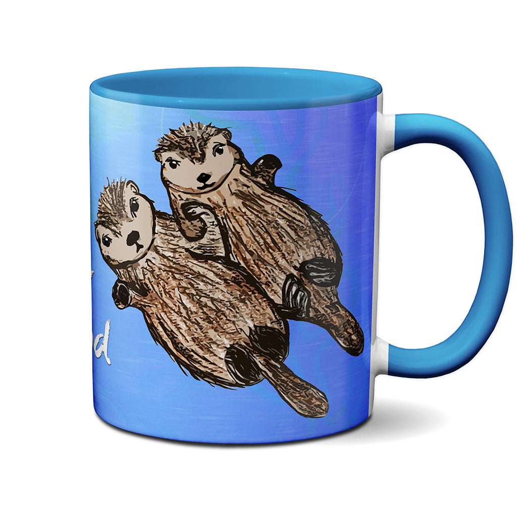 Sea Otters Holding Hands Blue Mug