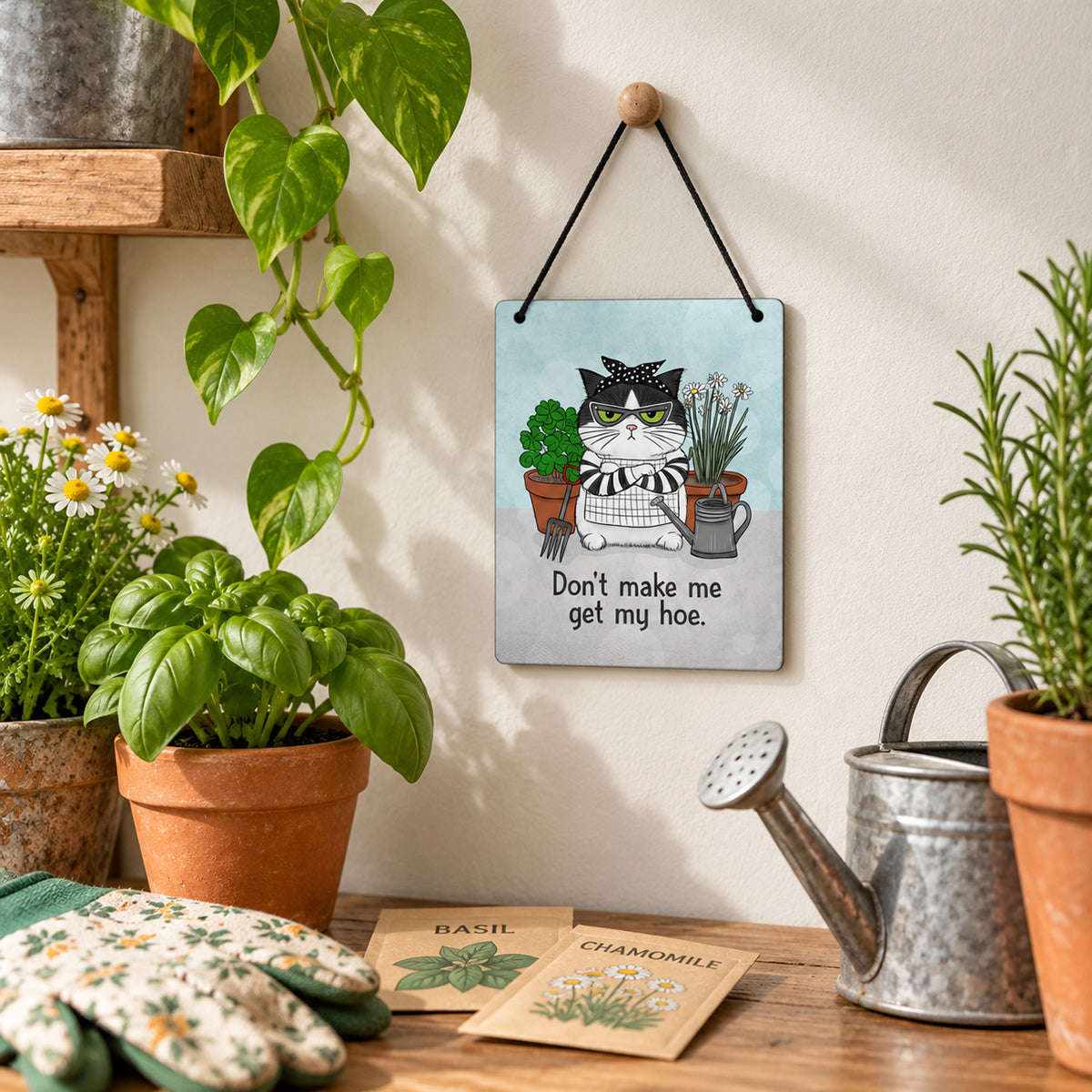 Hoe Cat Mini Hanging Sign | Funny Cat & Gardening Gift