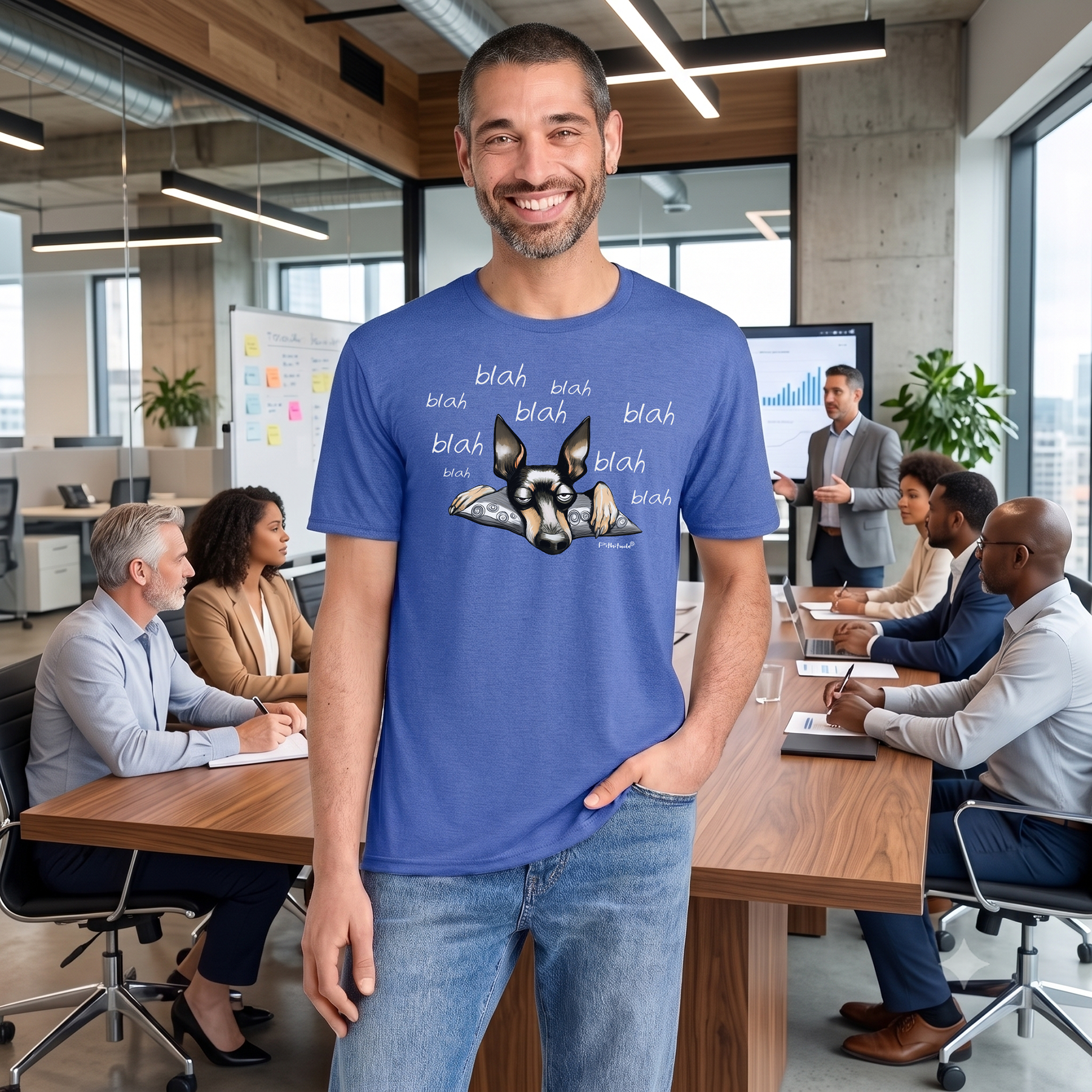 Funny dog T-shirt with Miniature Pinscher and Blah Blah design in an office scene
