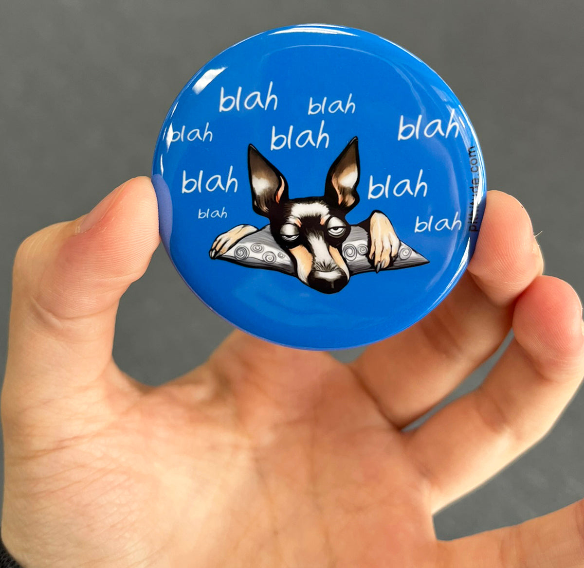 Funny Miniature Pinscher magnet held between fingers to show 2.25-inch size