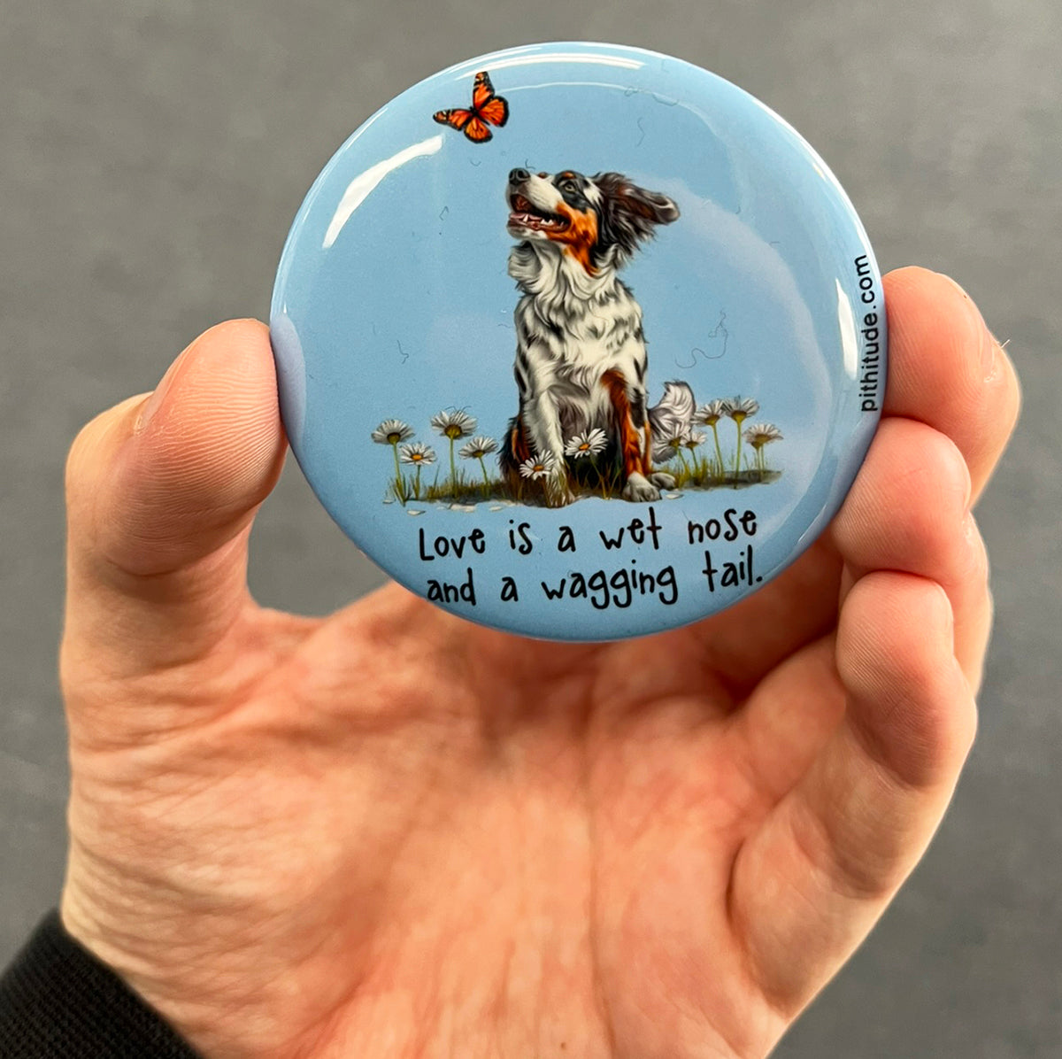 Australian Shepherd magnet held in hand to show 2.25-inch size and glossy finish