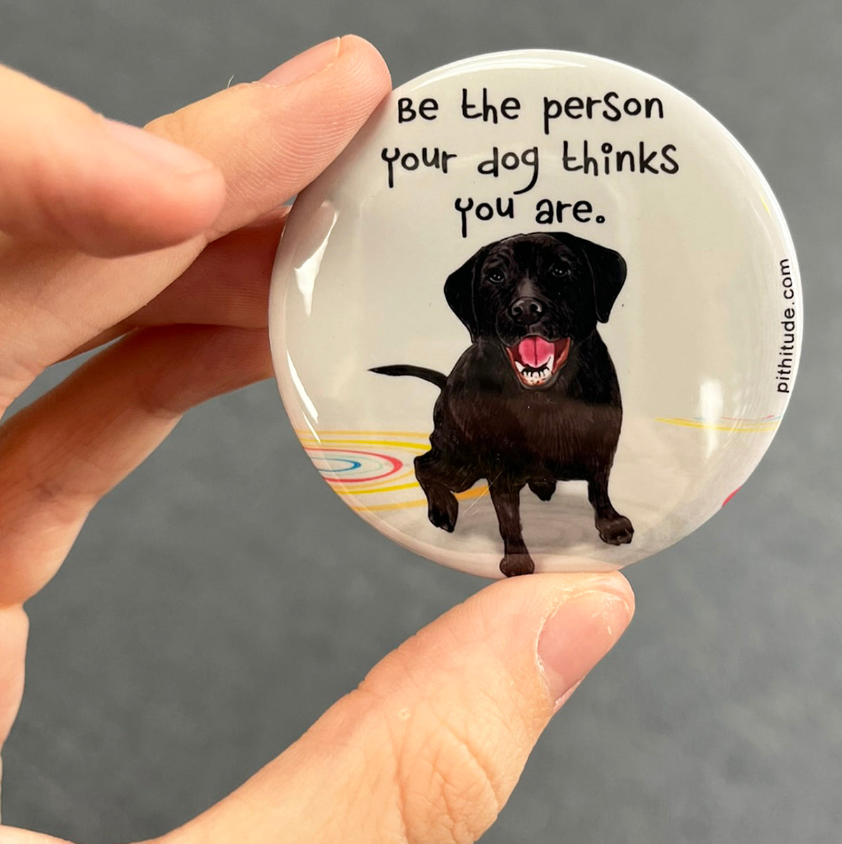 Black Labrador magnet held in hand to show 2.25-inch size and glossy finish