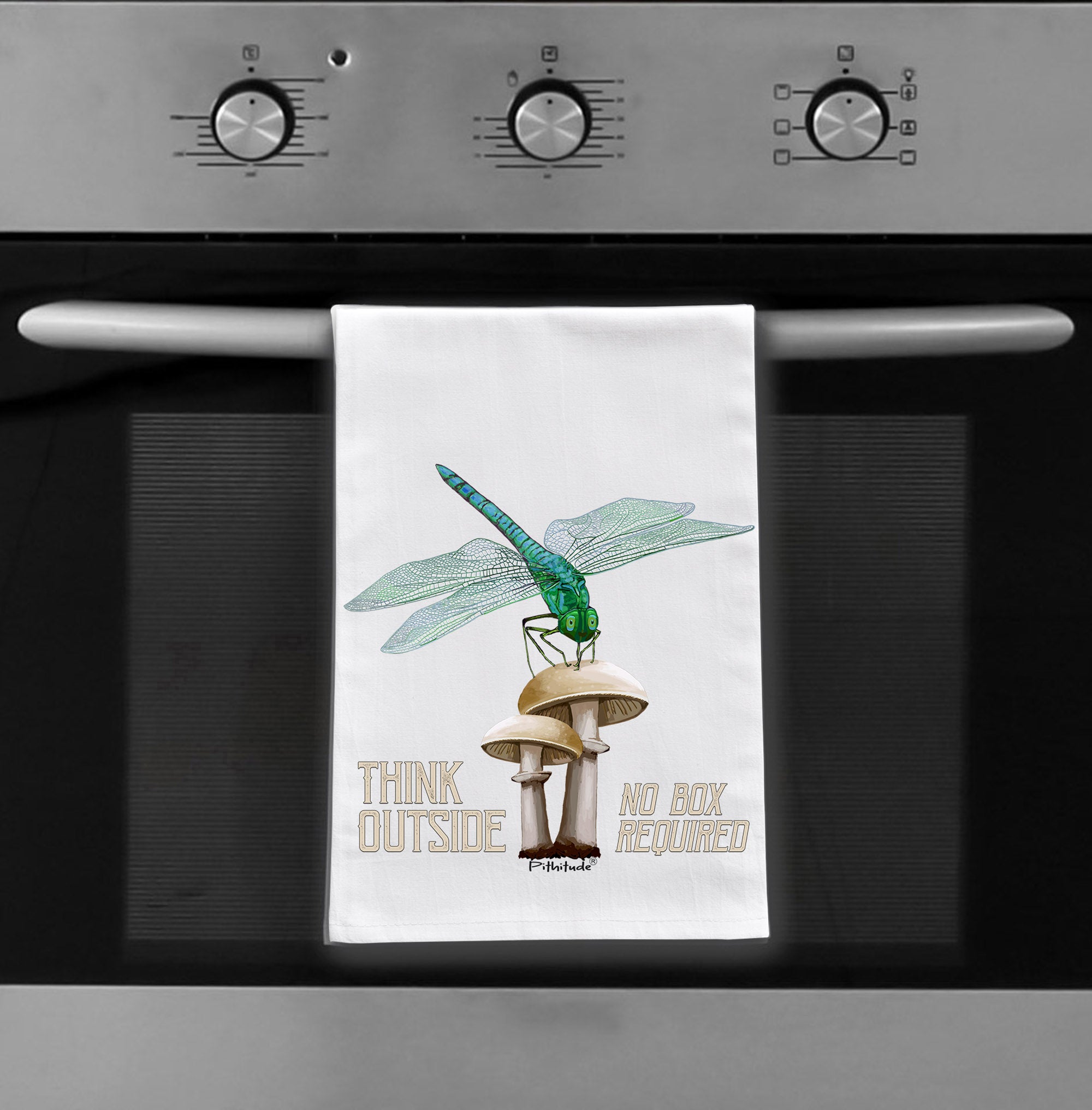 Dragonfly + Mushroom Flour Sack Dish Towel: “Think Outside (No Box Required)”