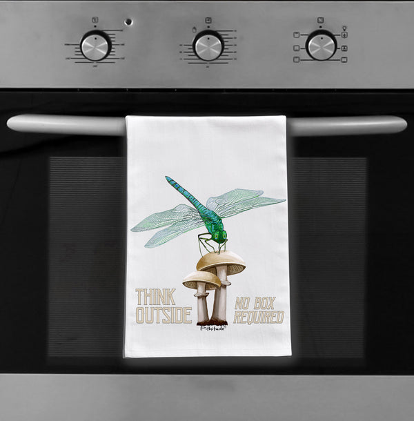 Dragonfly + Mushroom Flour Sack Dish Towel: “Think Outside (No Box Required)”