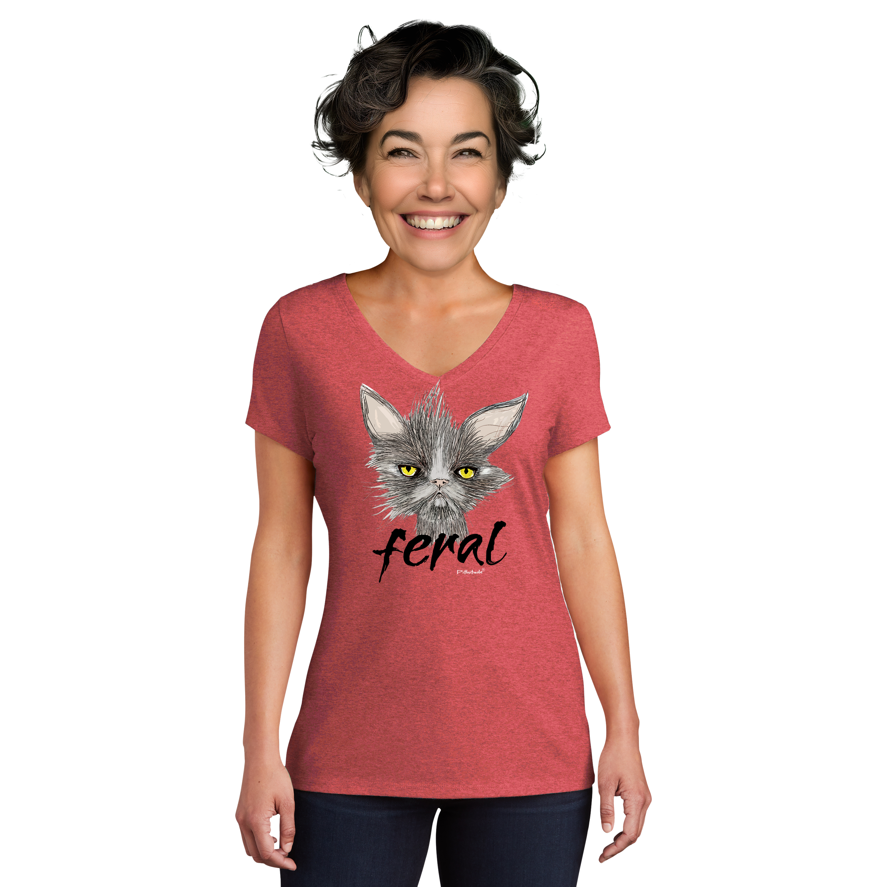 Feral Cat Women's Red Frost V-neck T-Shirt