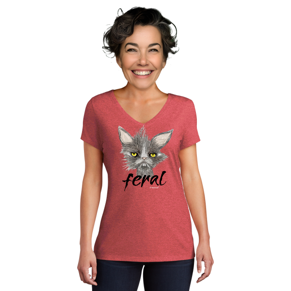 Feral Cat Women's Red Frost V-neck T-Shirt