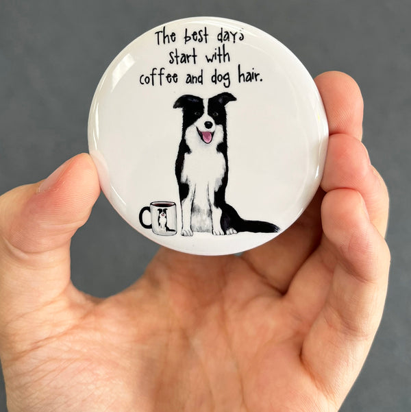 Funny dog lover magnet held in hand to show 2.25-inch size and glossy finish