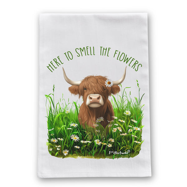 Highland Cow Daisies Flour Sack Dish Towel