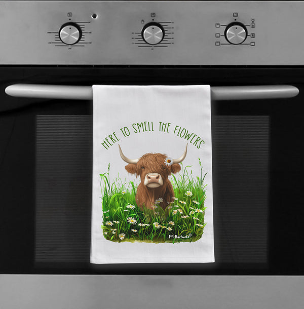 Highland Cow Daisies Flour Sack Dish Towel