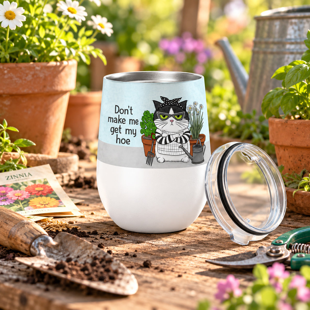 Hoe Cat Wine Tumbler | Funny Gardening Gift for Cat Lovers