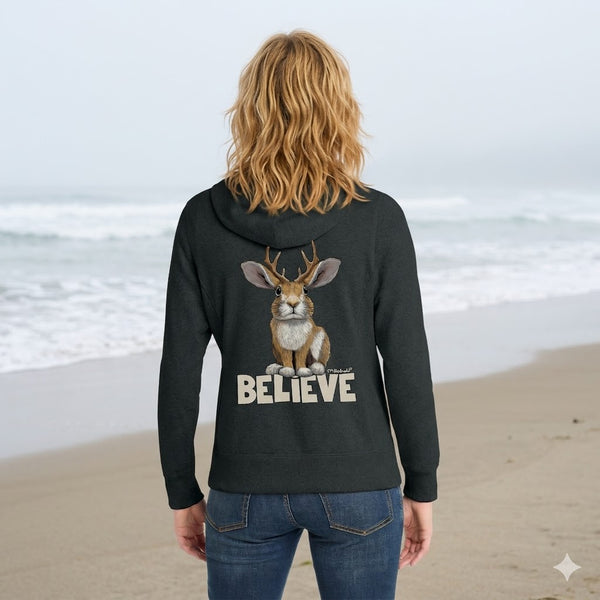 Jackalope Believe Women’s Zip Hoodie, Charcoal Heather