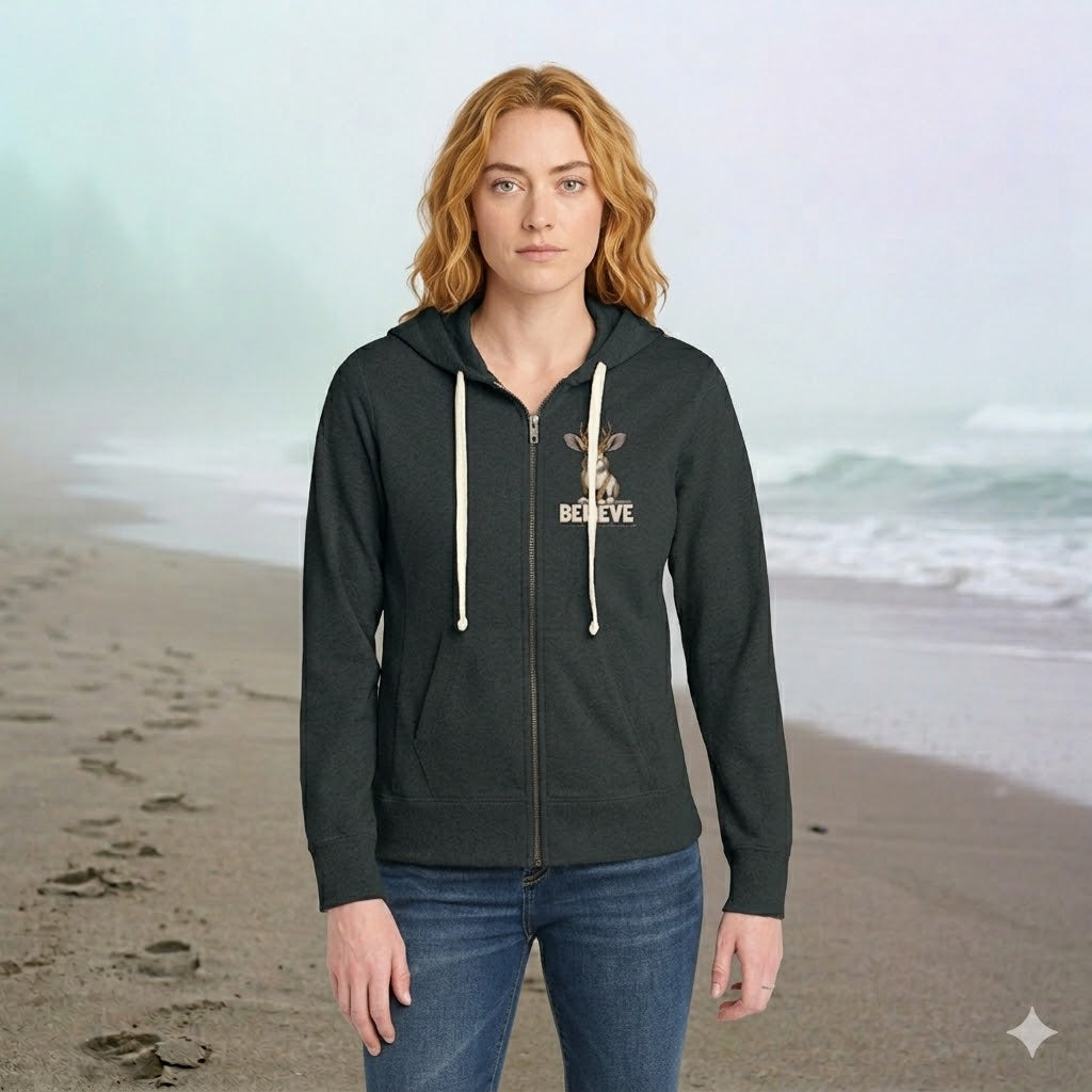 Jackalope Believe Women’s Zip Hoodie, Charcoal Heather