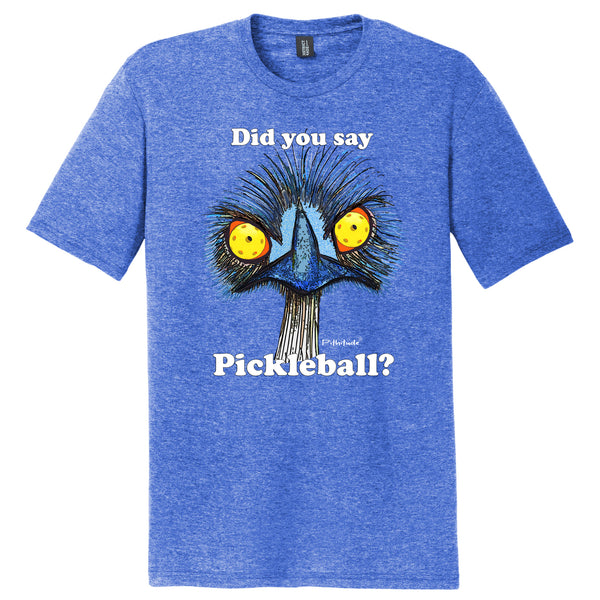Pickleball Emu Men's T-Shirt in Brick Red or Royal Blue