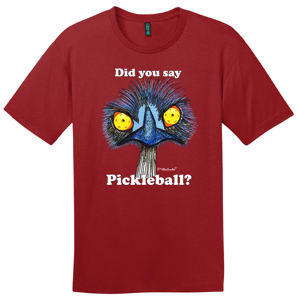 Pickleball Emu Men's T-Shirt in Brick Red or Royal Blue